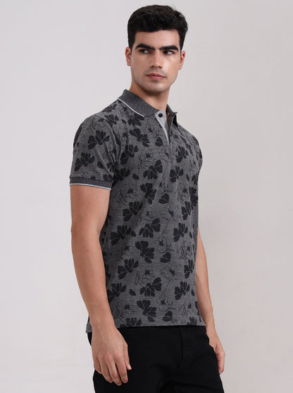 Grey Printed Slim Fit Polo T-Shirt | Greenfibre