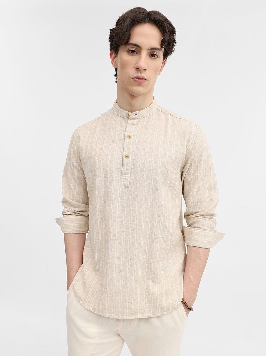 Natural Beige Striped Slim Fit Short Kurta | Greenfibre