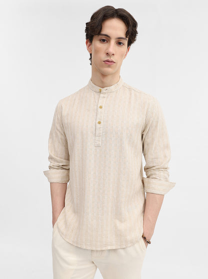 Natural Beige Striped Slim Fit Short Kurta | Greenfibre