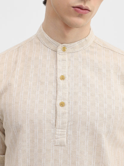 Natural Beige Striped Slim Fit Short Kurta | Greenfibre