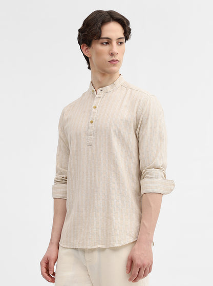 Natural Beige Striped Slim Fit Short Kurta | Greenfibre