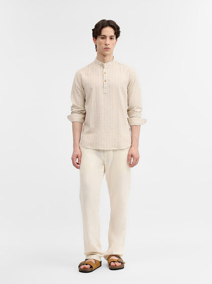 Natural Beige Striped Slim Fit Short Kurta | Greenfibre