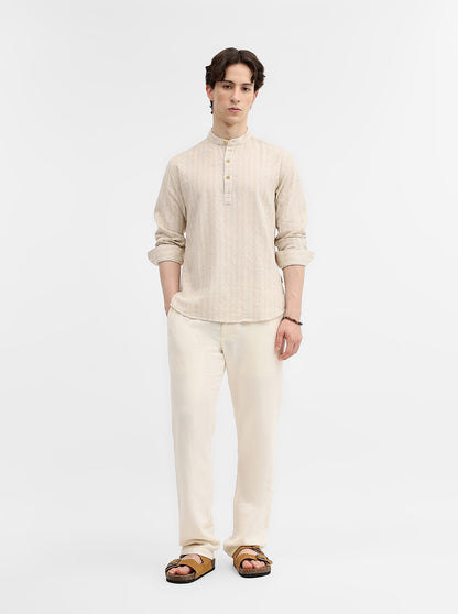 Natural Beige Striped Slim Fit Short Kurta | Greenfibre