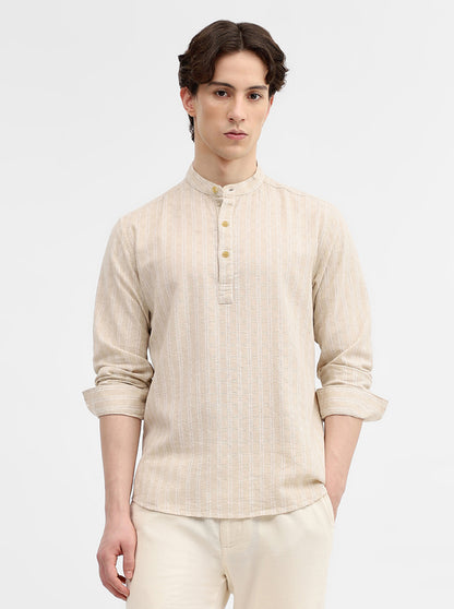 Natural Beige Striped Slim Fit Short Kurta | Greenfibre