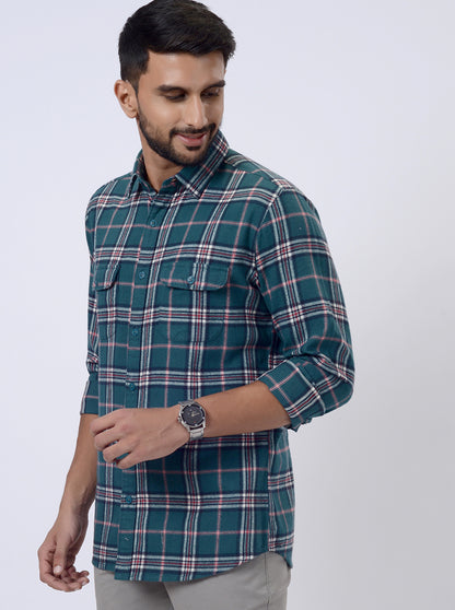 Green Checked Slim Fit Casual Shirt | JadeBlue