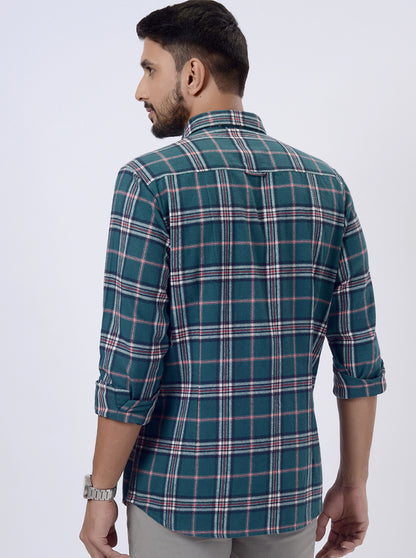 Green Checked Slim Fit Casual Shirt | JadeBlue