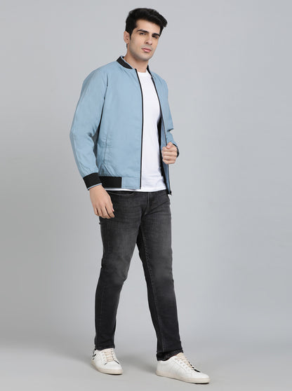 Light Blue Solid Slim Fit Winter Jacket | JadeBlue