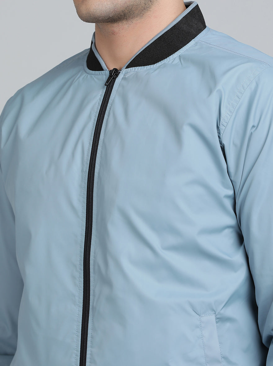 Light Blue Solid Slim Fit Winter Jacket | JadeBlue