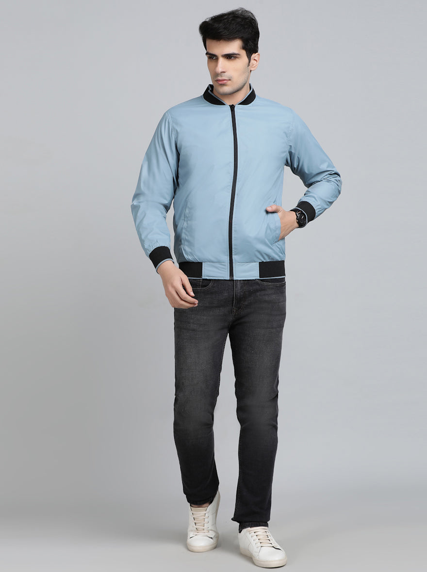 Light Blue Solid Slim Fit Winter Jacket | JadeBlue