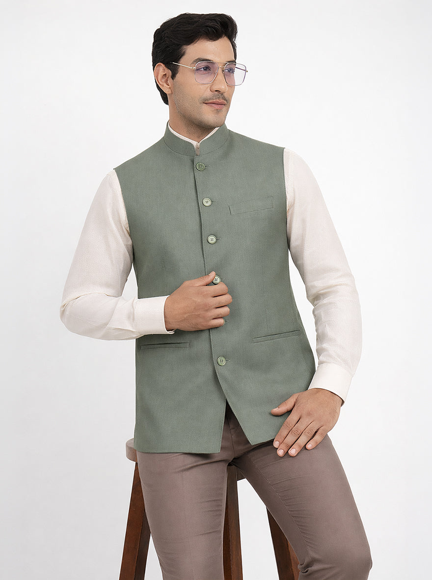 Green Solid Regular Fit Modi Jacket | JadeBlue