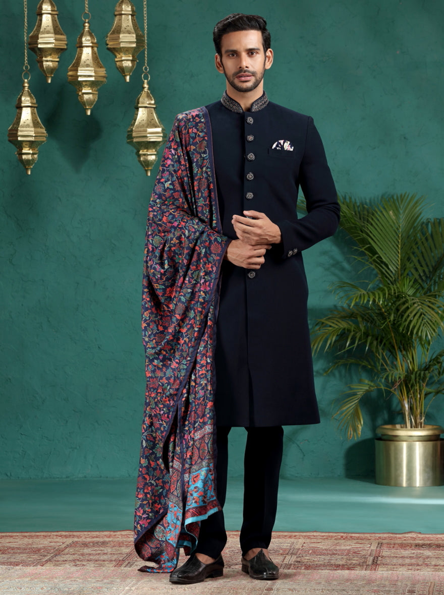 Navy Blue Solid Indowestern | TULA