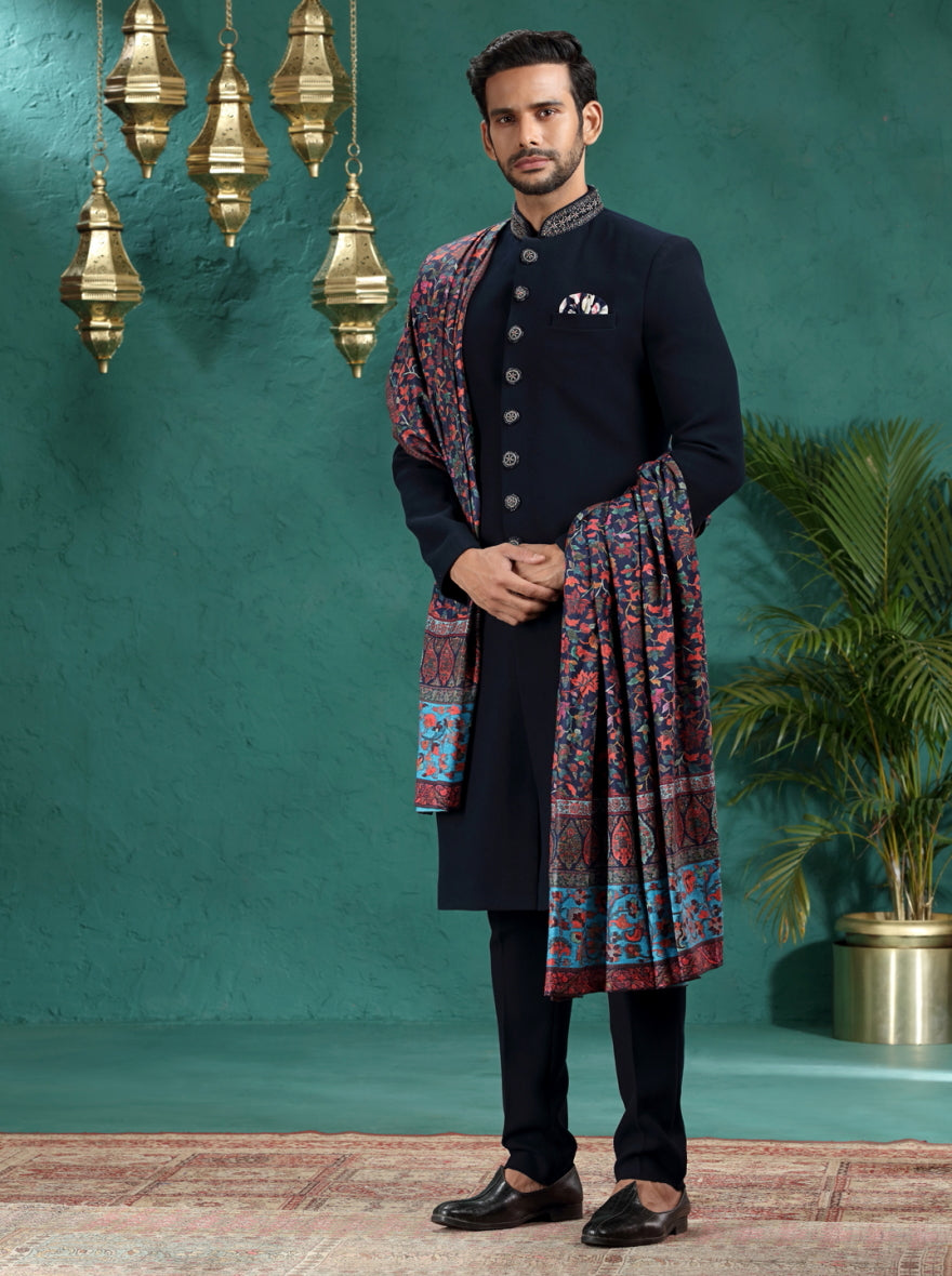 Navy Blue Solid Indowestern | TULA