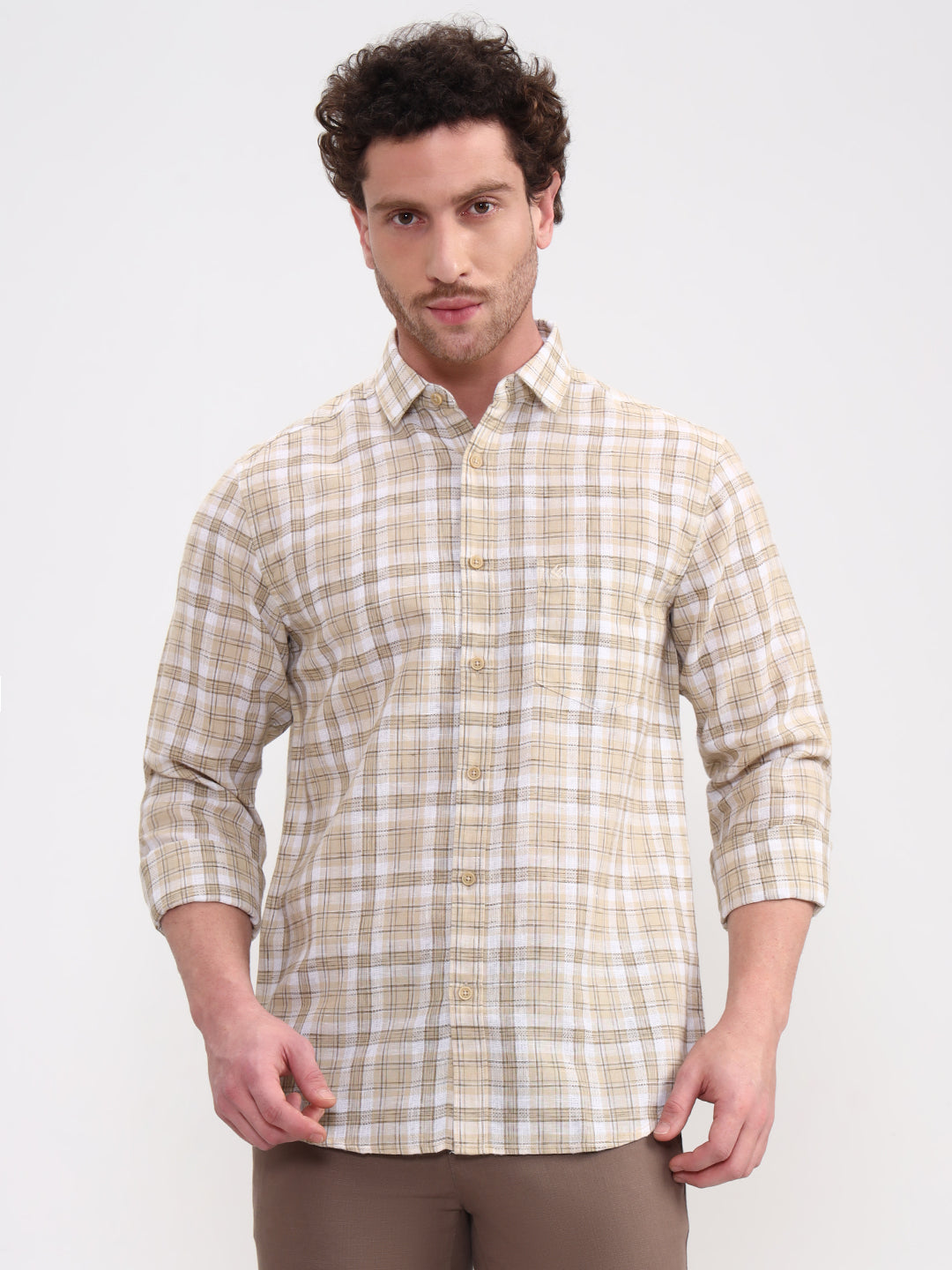 Khaki Checked Slim Fit Casual Shirt | Greenfibre