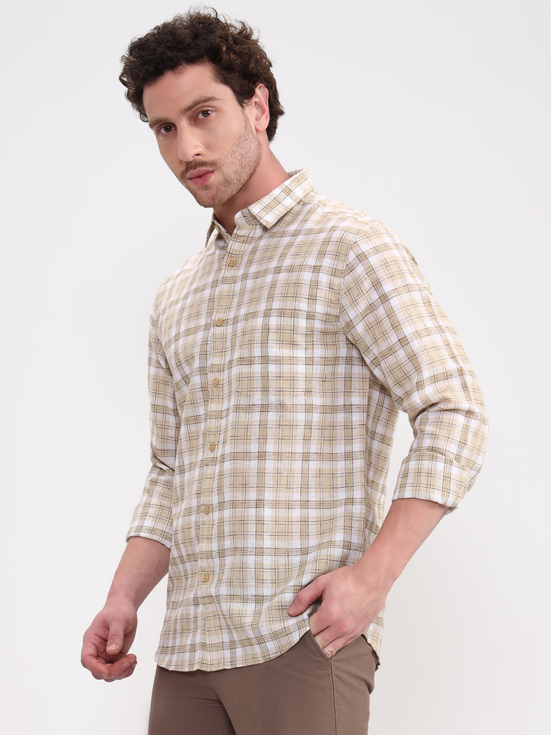 Khaki Checked Slim Fit Casual Shirt | Greenfibre