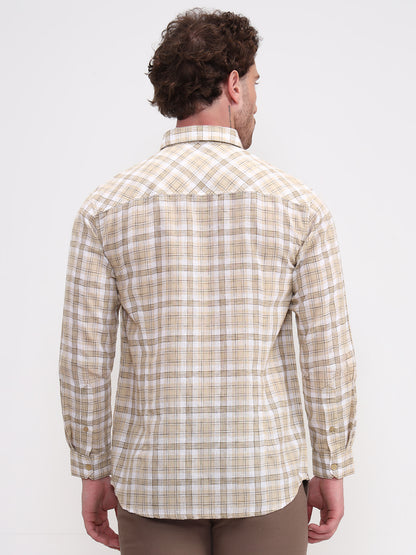 Khaki Checked Slim Fit Casual Shirt | Greenfibre