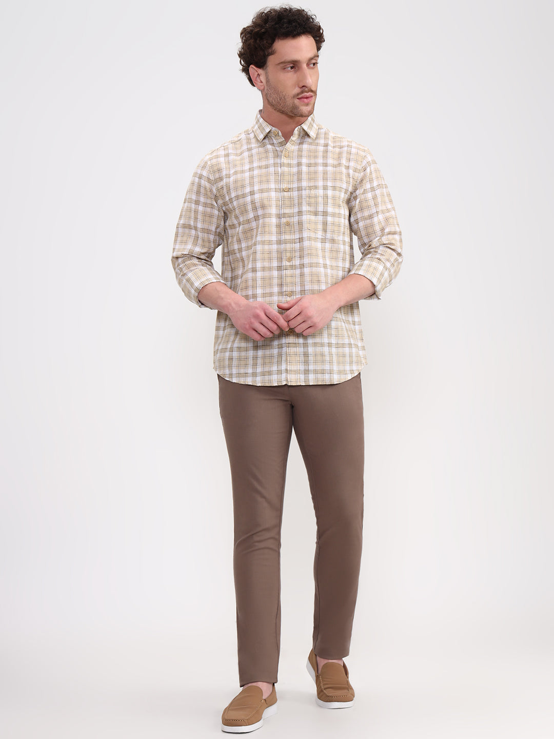 Khaki Checked Slim Fit Casual Shirt | Greenfibre