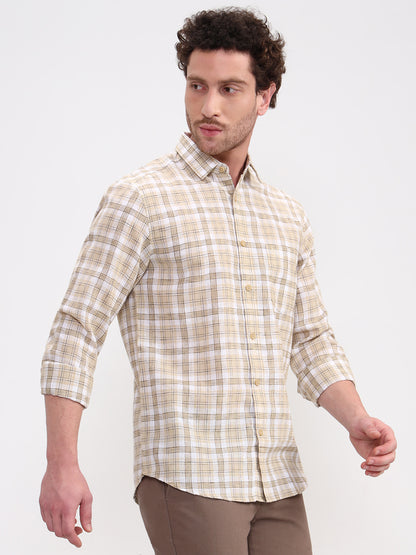 Khaki Checked Slim Fit Casual Shirt | Greenfibre