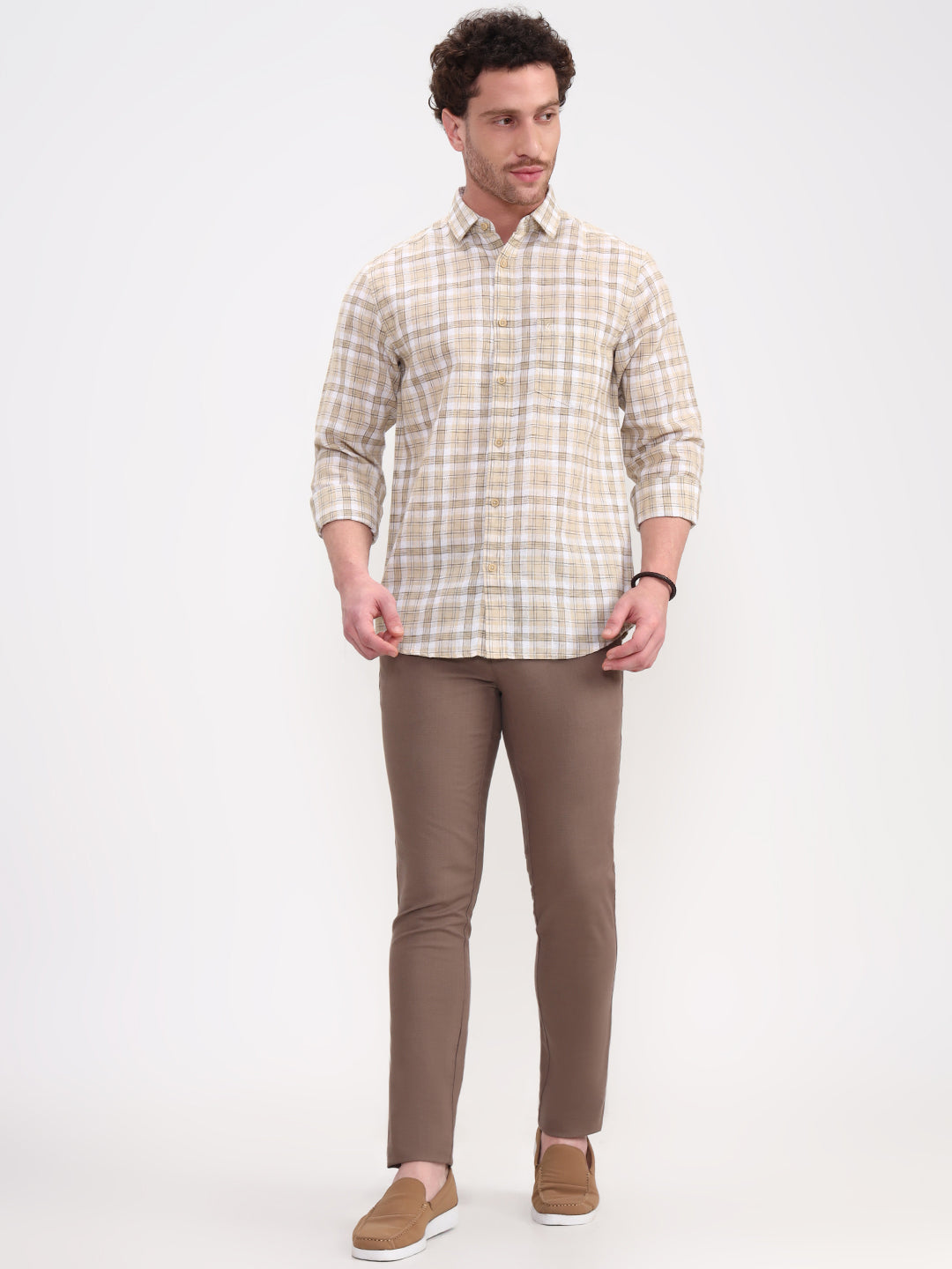 Khaki Checked Slim Fit Casual Shirt | Greenfibre