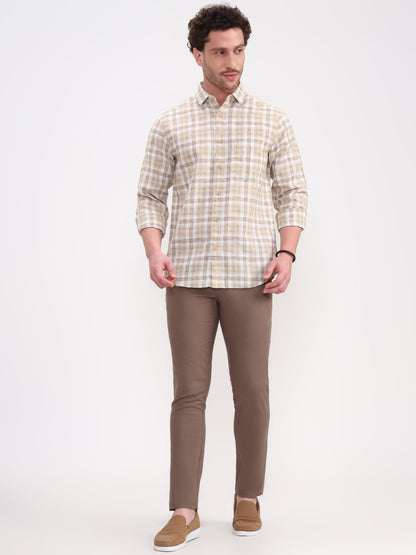 Khaki Checked Slim Fit Casual Shirt | Greenfibre