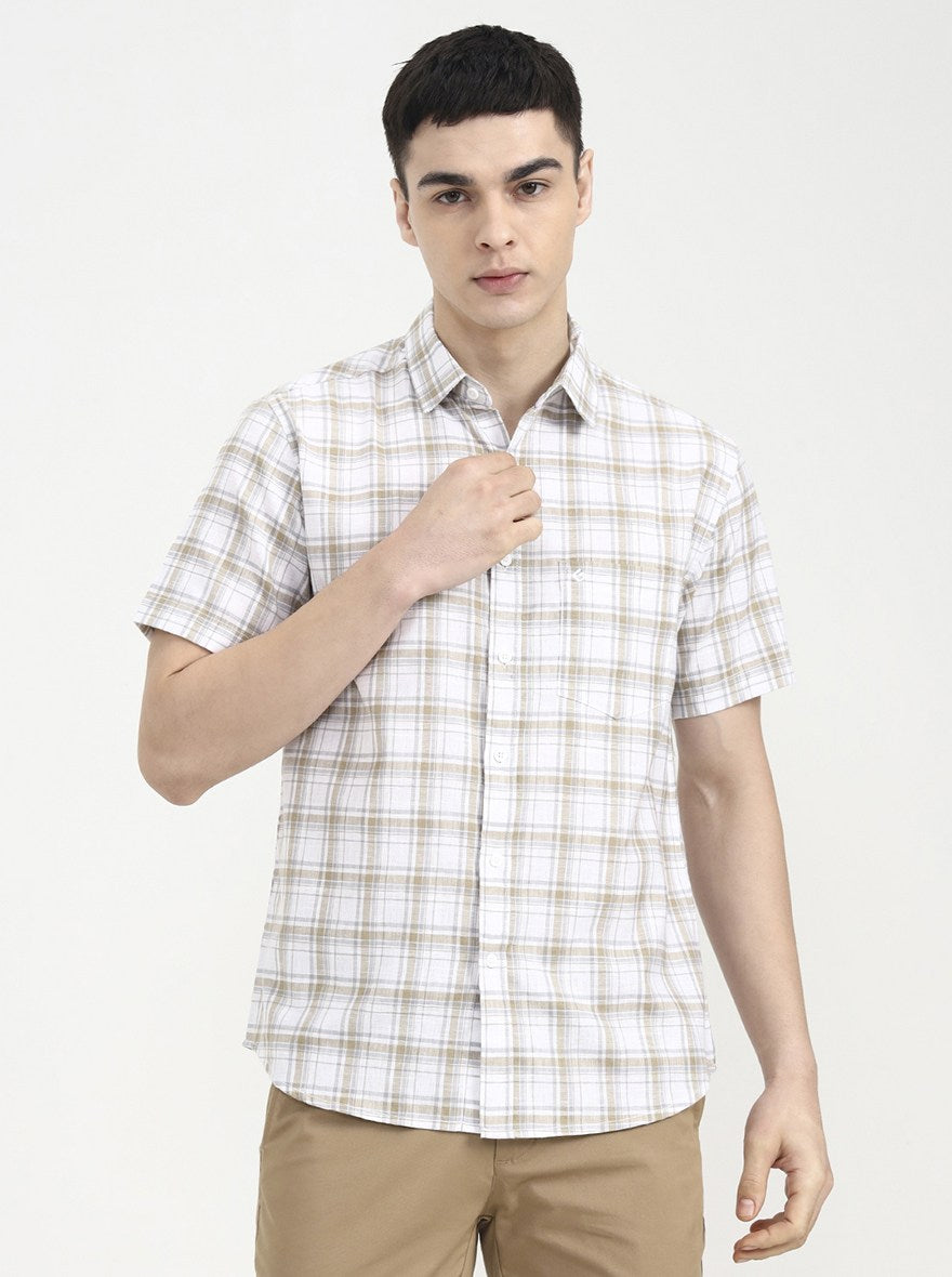 Khaki Checked Slim Fit Casual Shirt | Greenfibre