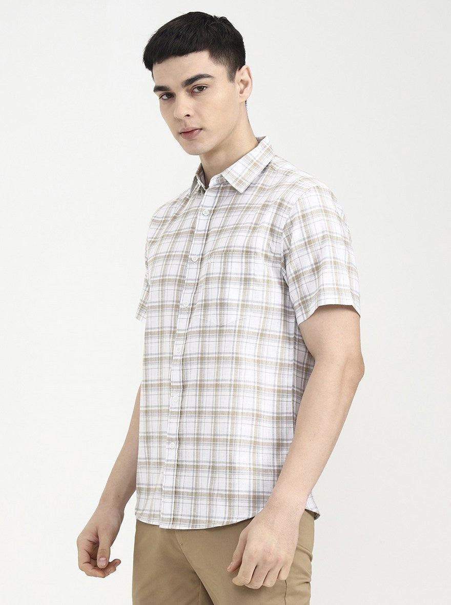 Khaki Checked Slim Fit Casual Shirt | Greenfibre