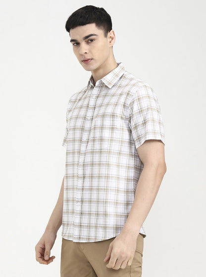 Khaki Checked Slim Fit Casual Shirt | Greenfibre