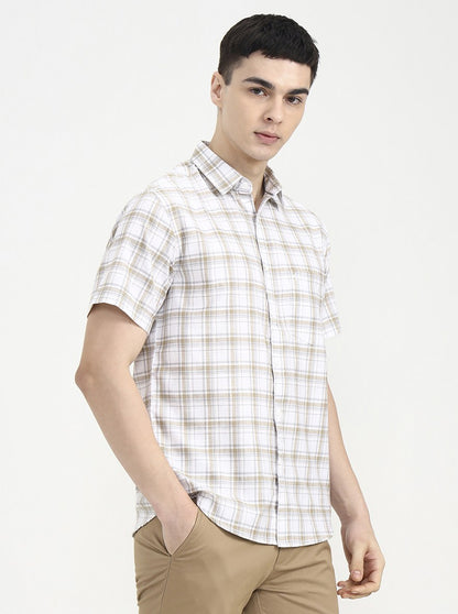 Khaki Checked Slim Fit Casual Shirt | Greenfibre