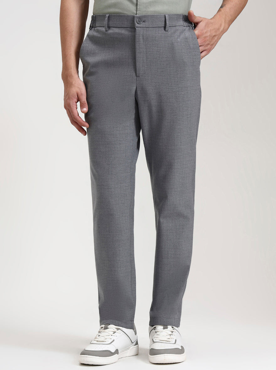Dark Grey Checked Slim Fit Casual Trouser | JadeBlue