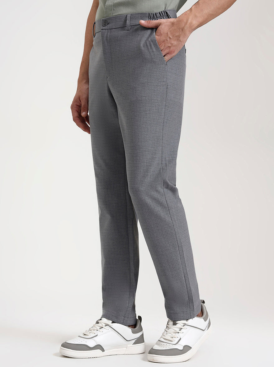 Dark Grey Checked Slim Fit Casual Trouser | JadeBlue