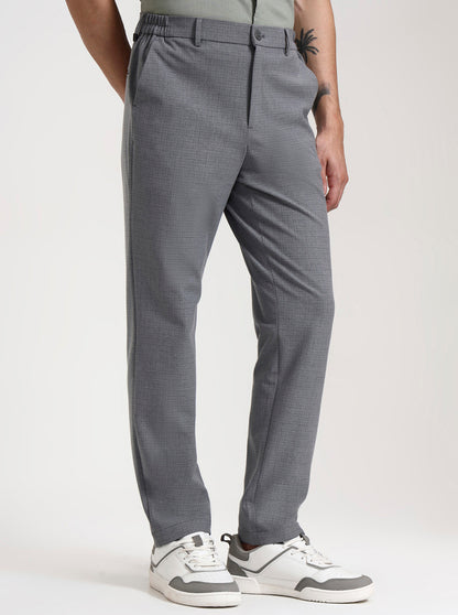 Dark Grey Checked Slim Fit Casual Trouser | JadeBlue