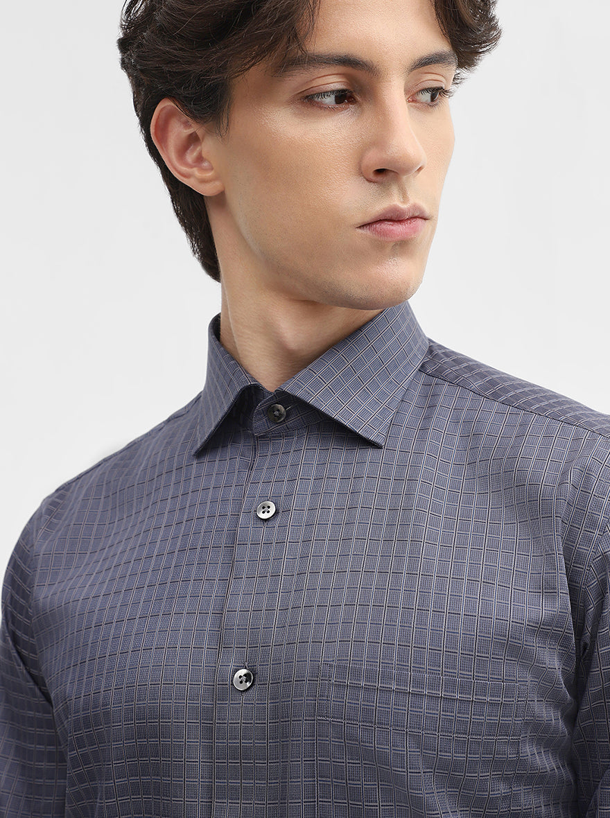 Dark Grey Checked Slim Fit Formal Shirt | Metal