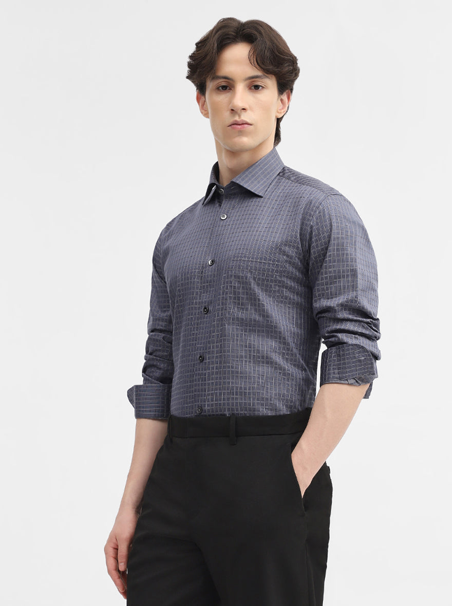Dark Grey Checked Slim Fit Formal Shirt | Metal