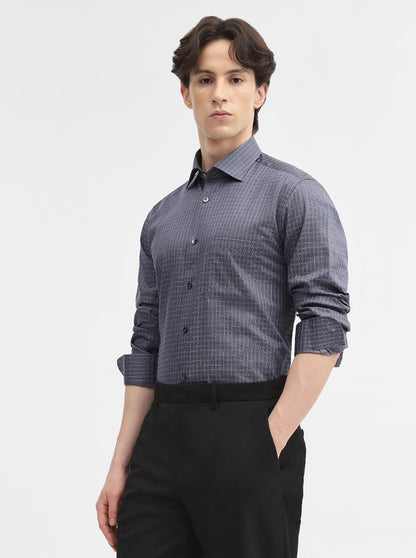 Dark Grey Checked Slim Fit Formal Shirt | Metal