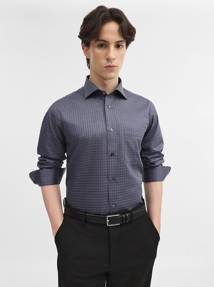 Dark Grey Checked Slim Fit Formal Shirt | Metal