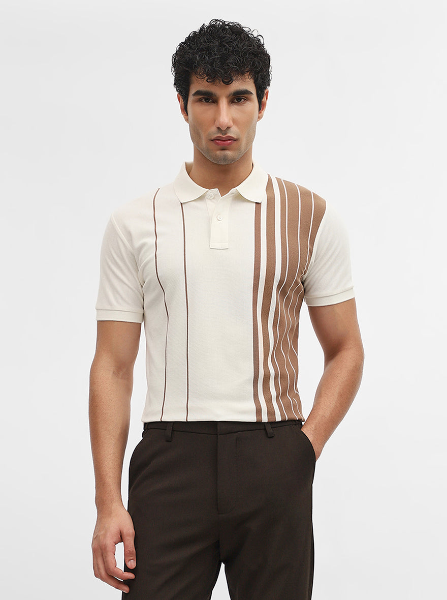 Brown & White Striped Slim Fit Polo T-Shirt | JadeBlue