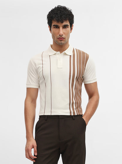 Brown & White Striped Slim Fit Polo T-Shirt | JadeBlue