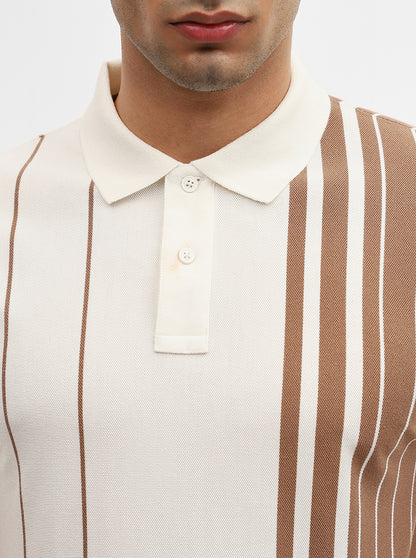 Brown & White Striped Slim Fit Polo T-Shirt | JadeBlue