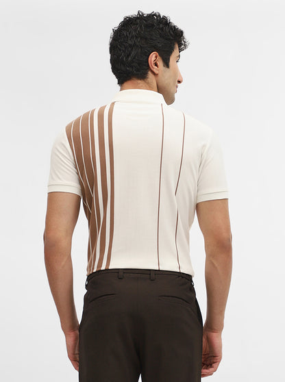 Brown & White Striped Slim Fit Polo T-Shirt | JadeBlue