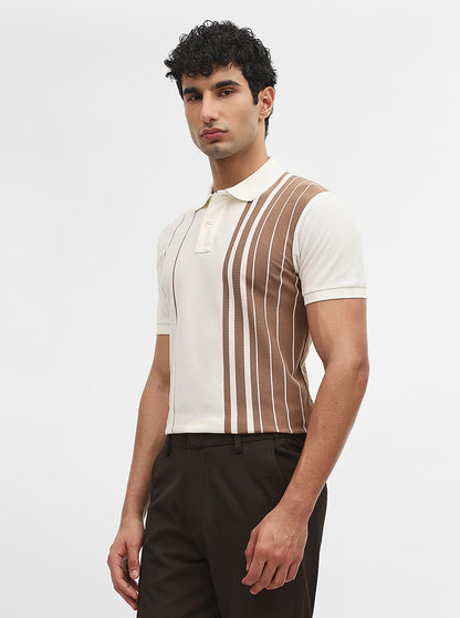 Brown & White Striped Slim Fit Polo T-Shirt | JadeBlue
