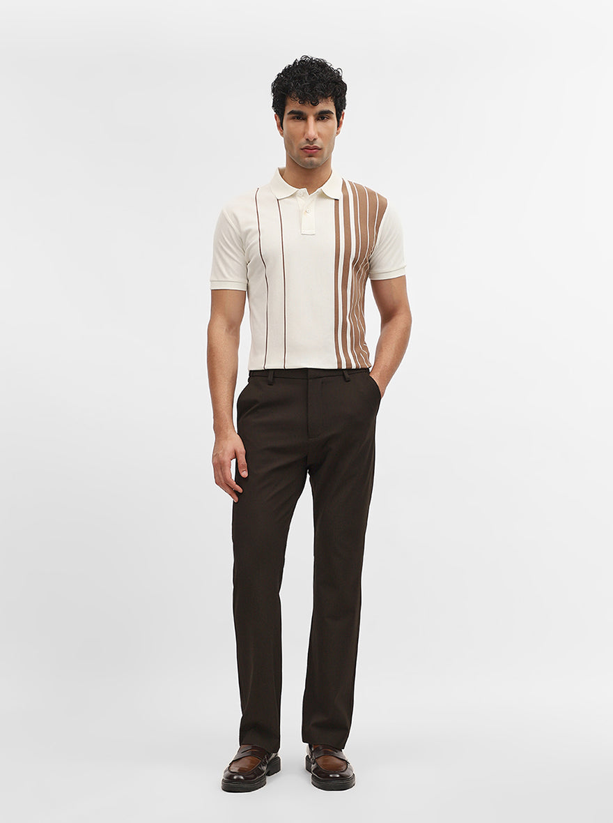 Brown & White Striped Slim Fit Polo T-Shirt | JadeBlue