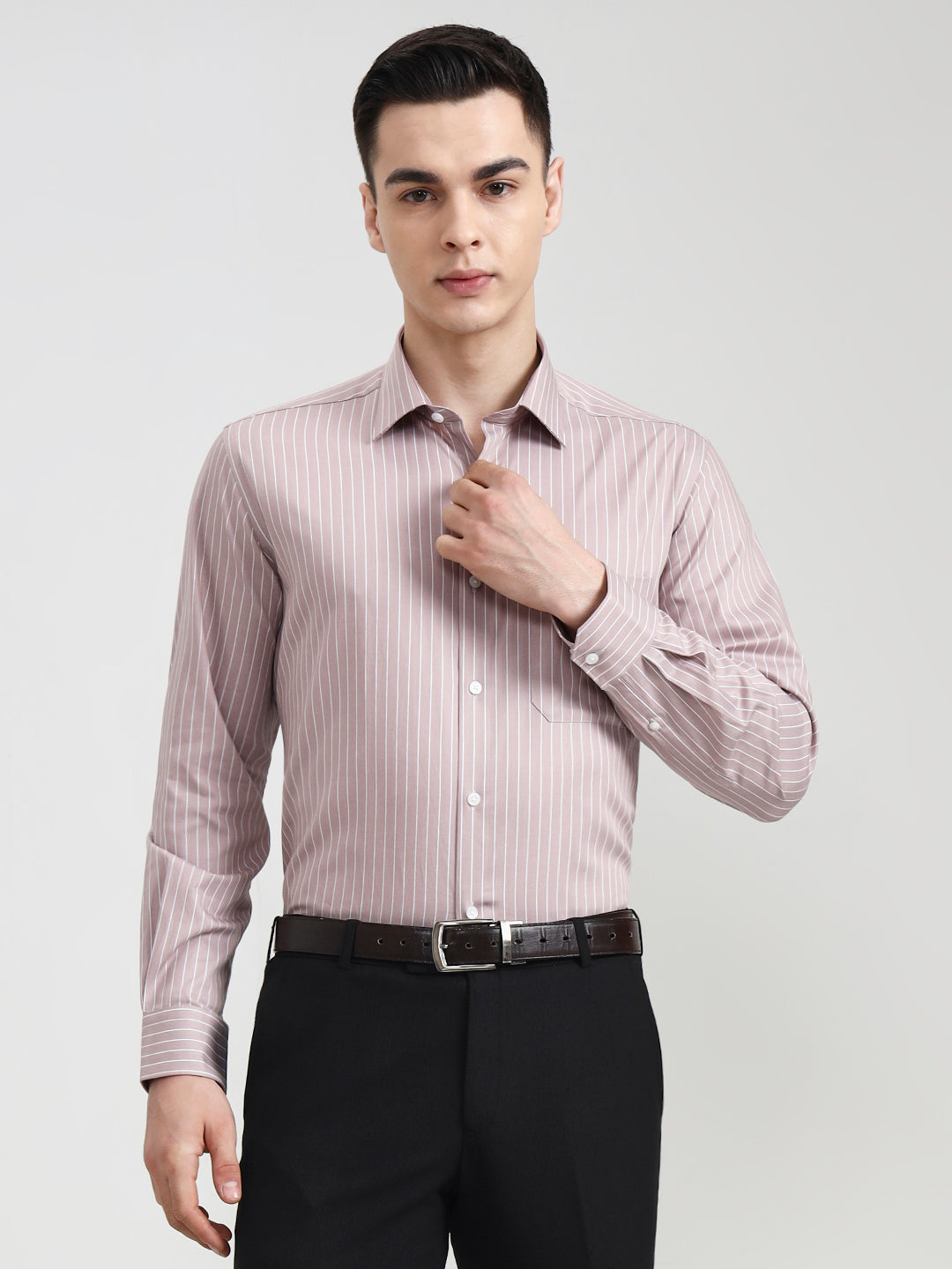 Dark Pink Striped Regular Fit Formal Shirt | JadeBlue
