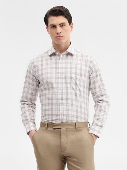 White & Beige Checked Slim Fit Formal Shirt | Metal