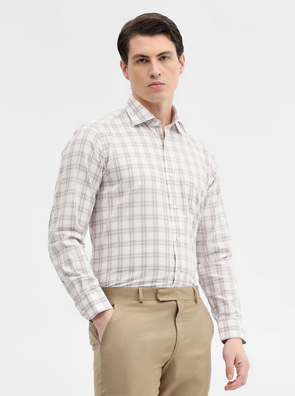 White & Beige Checked Slim Fit Formal Shirt | Metal