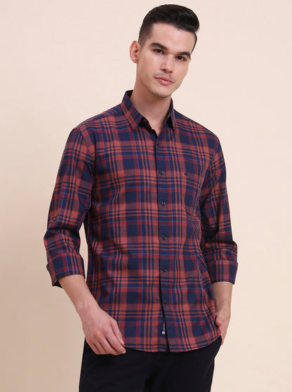 Navy Blue Checked Slim Fit Casual Shirt | Greenfibre
