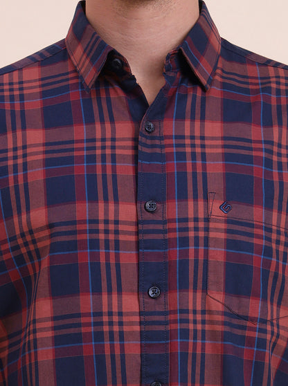 Navy Blue Checked Slim Fit Casual Shirt | Greenfibre