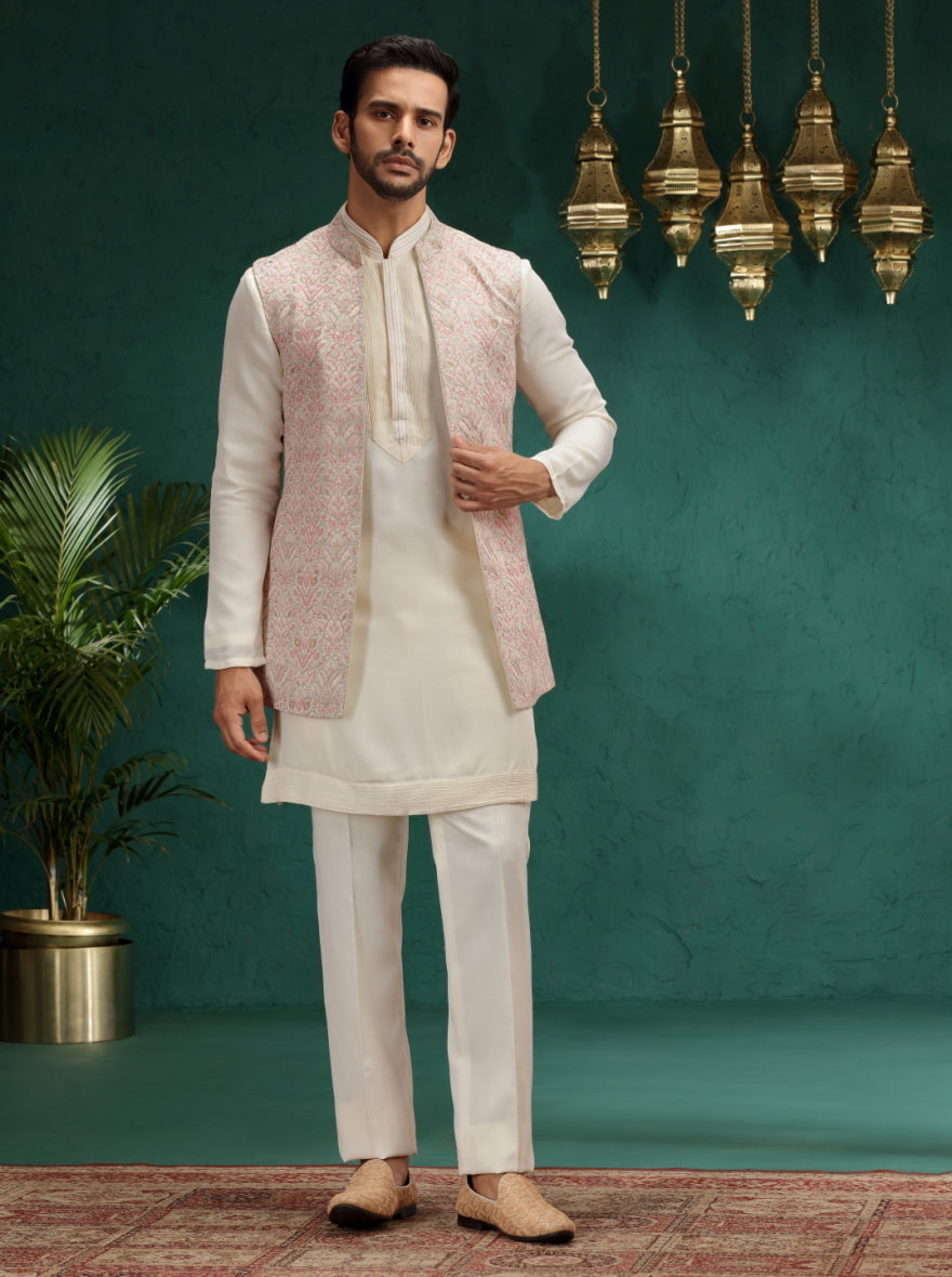 Cream Printed Kurta Pajama with Koti | Virasana