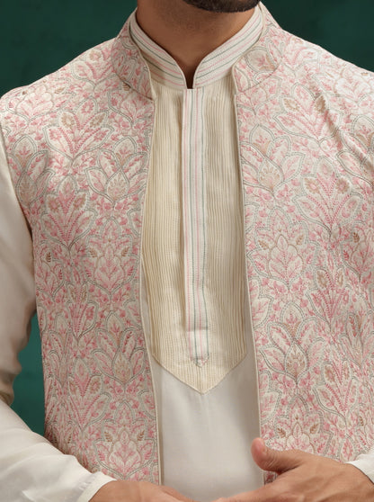 Cream Printed Kurta Pajama with Koti | Virasana