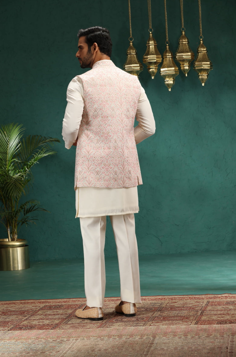 Cream Printed Kurta Pajama with Koti | Virasana