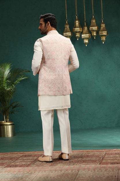 Cream Printed Kurta Pajama with Koti | Virasana