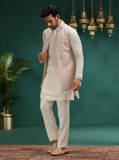 Cream Printed Kurta Pajama with Koti | Virasana